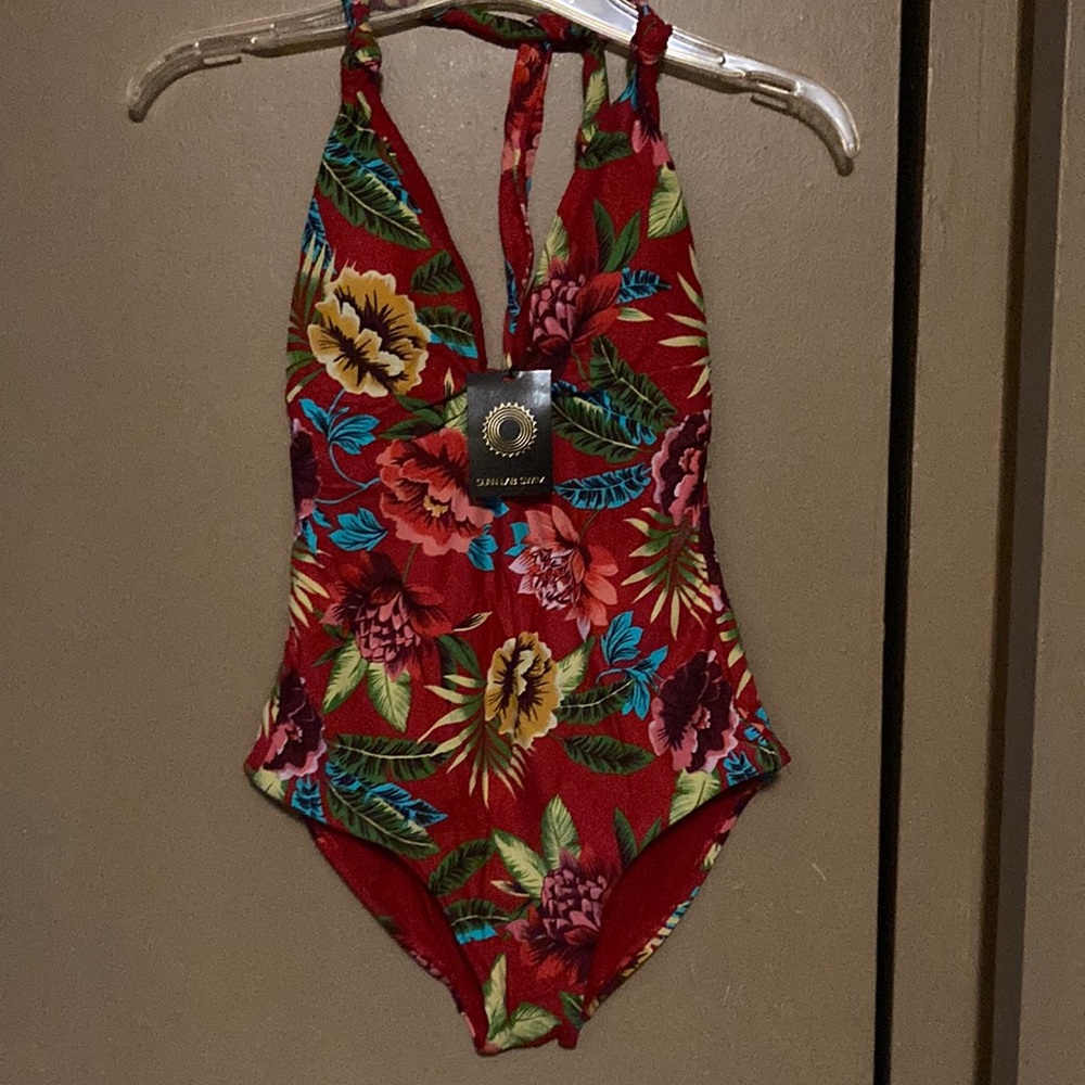 One Piece Red Floral Bathing Suit